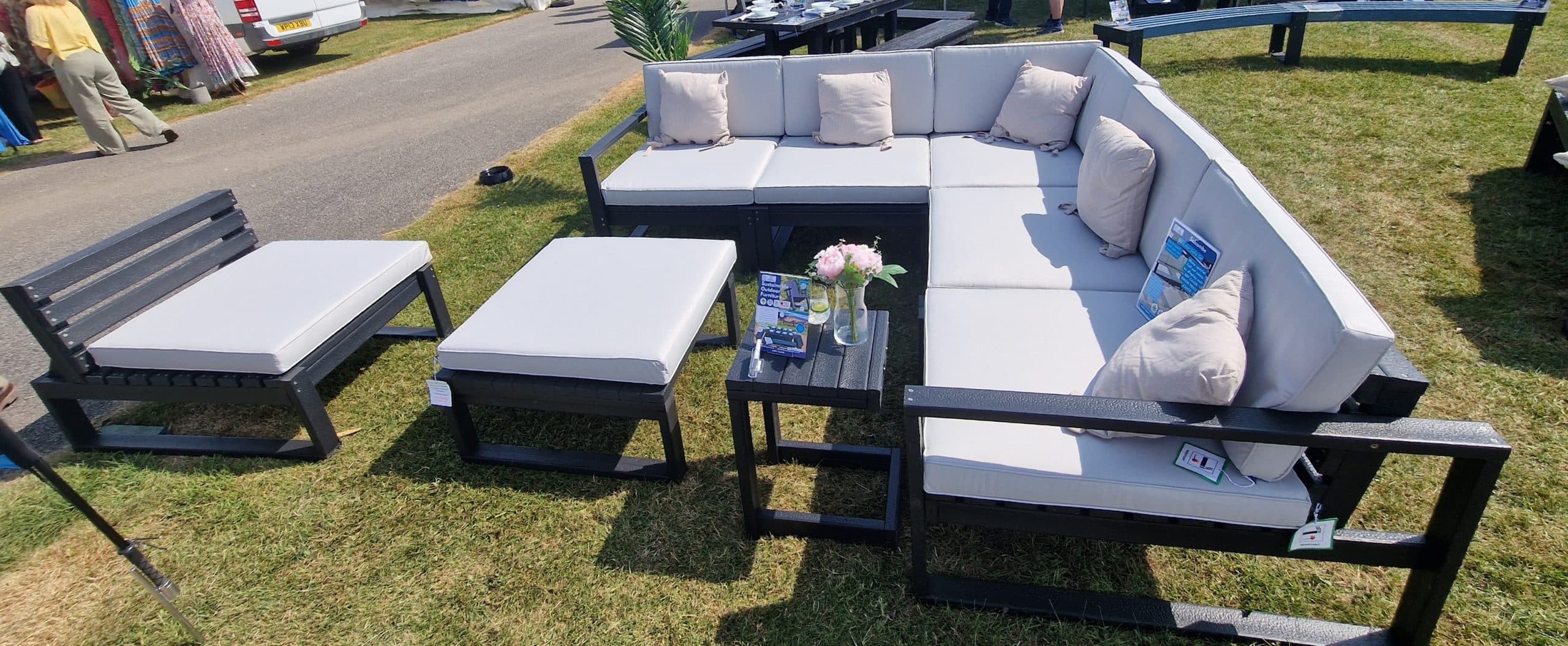 Salcombe Garden Sofa Set configured in a corner sofa with foot stool and chair