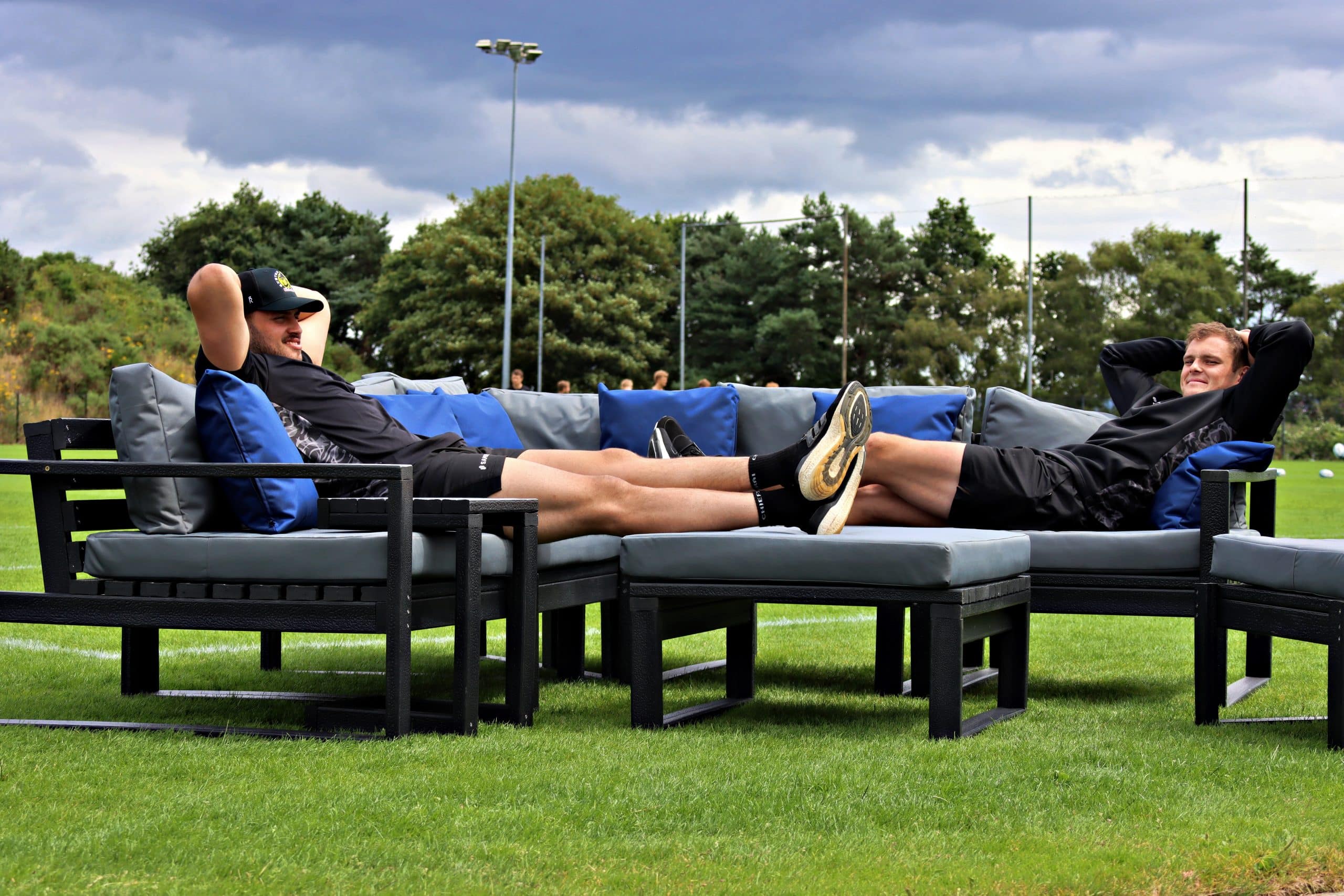 Salcombe Garden Sofa Set configured in a corner sofa with foot stool and chair with the Exeter Chiefs