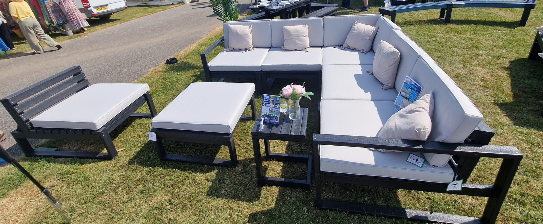 Salcombe Garden Sofa Set configured in a corner sofa with foot stool and chair