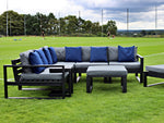 Salcombe Garden Sofa Set configured in a corner sofa with foot stool and chair