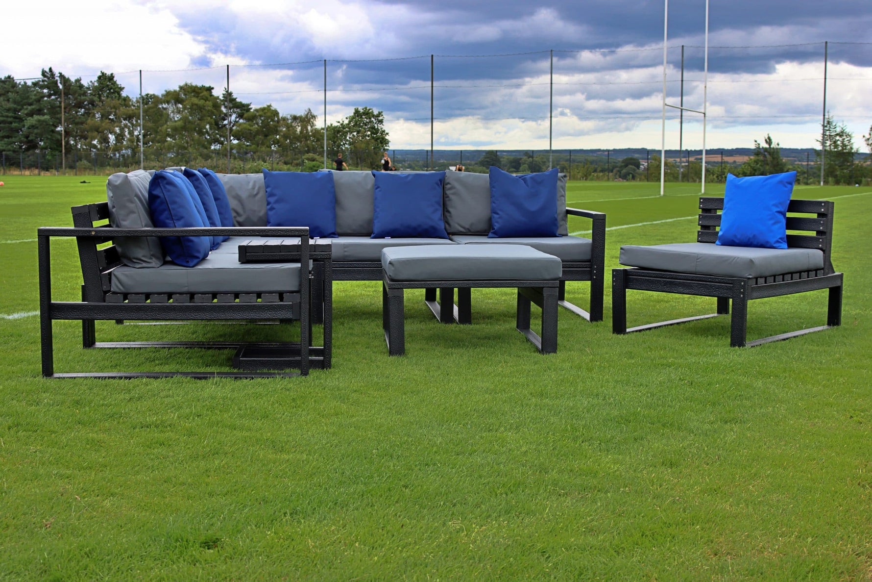 Salcombe Garden Sofa Set configured in a corner sofa with foot stool and chair