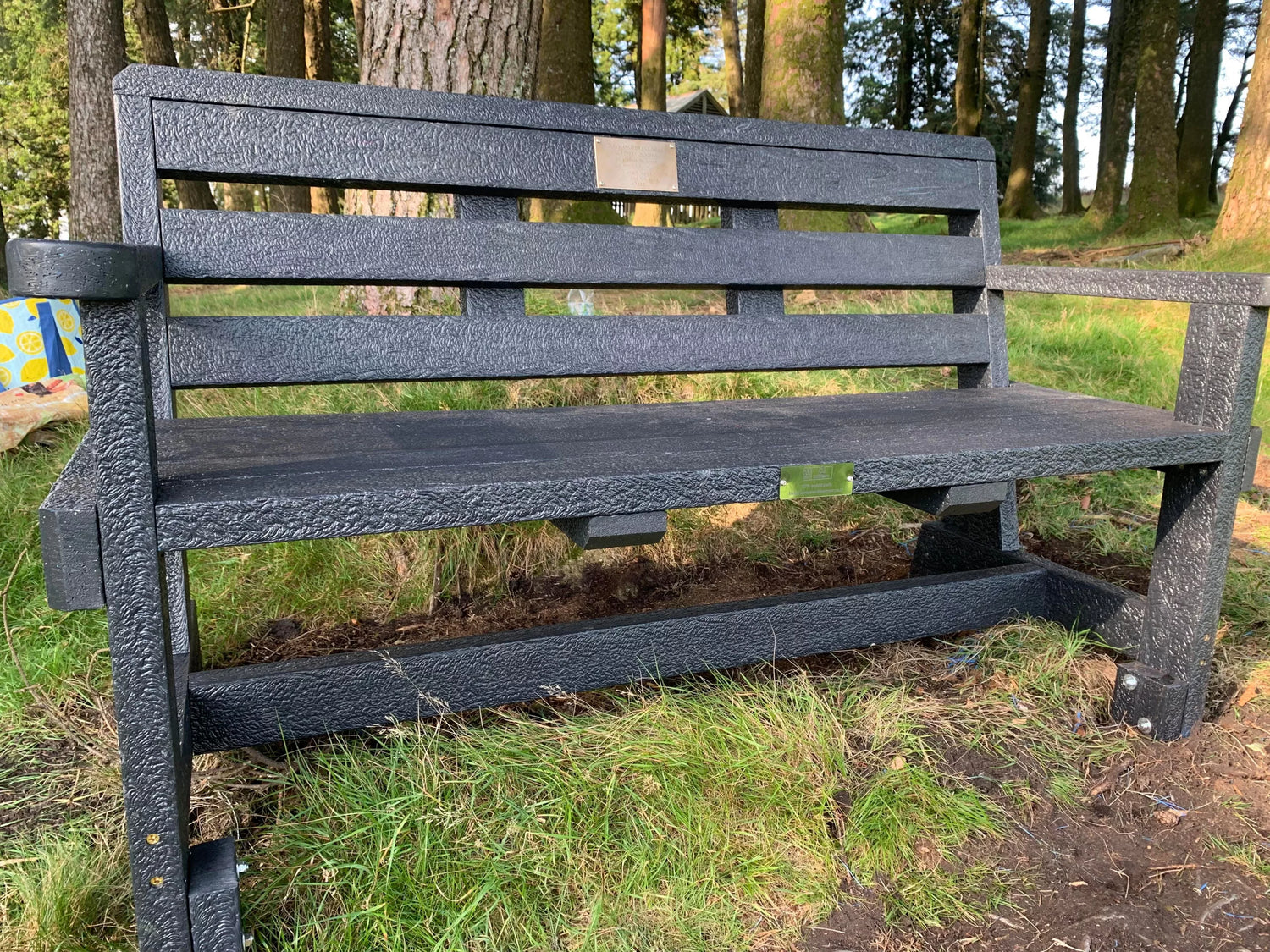 4" x 3" Rectangular solid brass engraved nameplate. Personalised engraved memorial plaque on our 100% recycled plastic falmouth park memorial bench